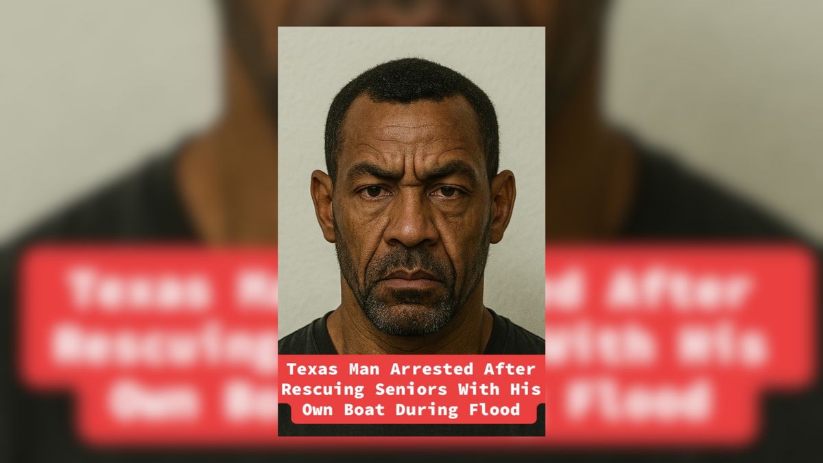 A Black man is pictured wearing a Black T-shirt. Overlaid text reads: "Texas Man Arrested After Rescuing Seniors With His Own Boat During Flood."