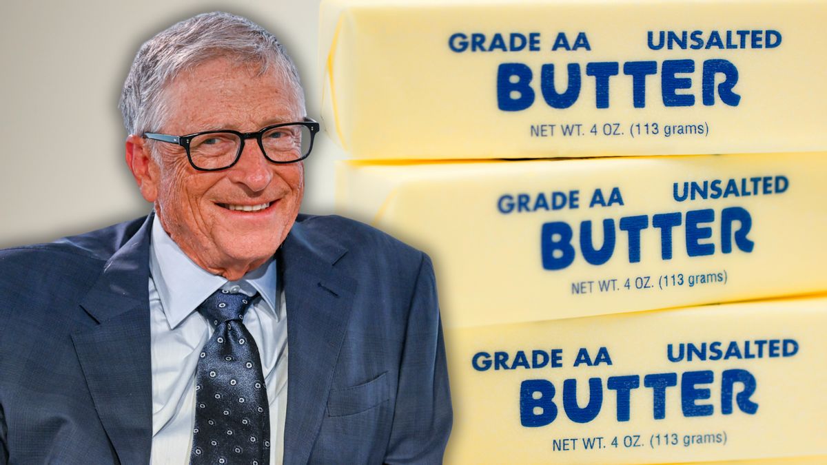 In this photo collage, Bill Gates, an older white man with glasses, smiles next to a pile of butter sticks. 