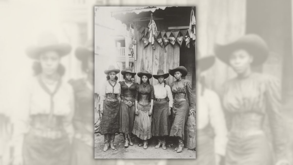 An image appearing to show five Black women wearing cowboy hats and corseted or belted gowns. 