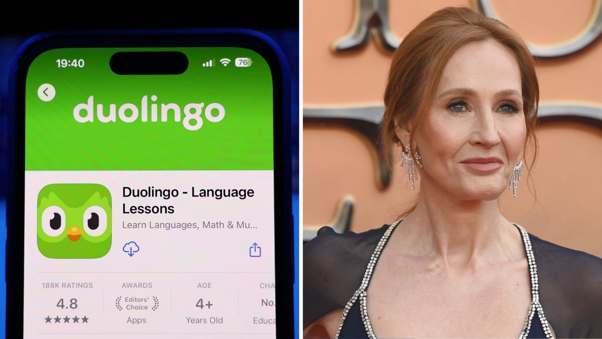 On the left: A phone displays the Duolingo app, a green app with a bird icon. On the right: JK Rowling, a middle-aged white woman with dirty blond hair and blue eyes. 