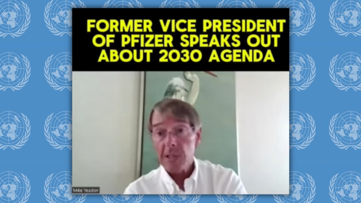 In this photo illustration, the caption, "FORMER VICE PRESIDENT OF PFIZER SPEAKS OUT ABOUT 2030 AGENDA," is emblazoned above an image of a Zoom call with a white man wearing glasses sitting in front of a swan portrait. The backdrop is a blue repeated pattern of the. United Nations logo, a globe encircled by a wreath. 