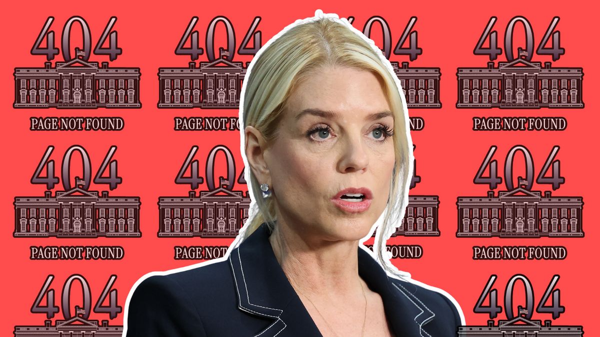 A white woman is pictured in front of 404 Page Not Found graphics. Everything is placed on a red background.