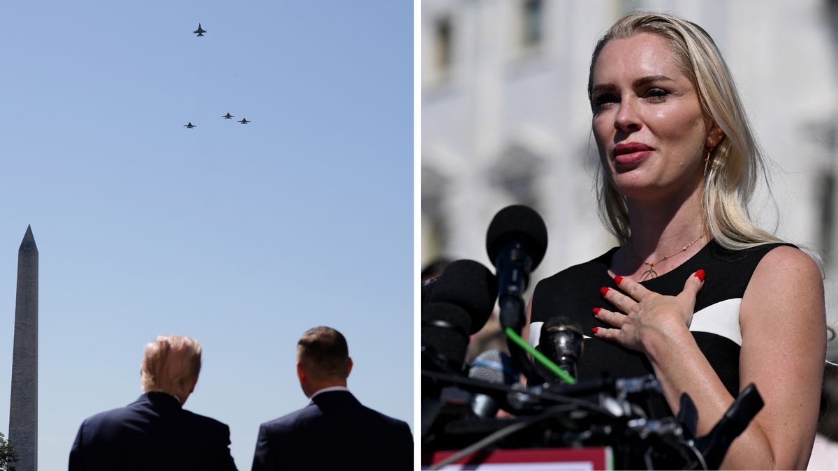 Two men wearing suits watch aircraft in the sky next to a white woman speaking at a podium with a hand over her heart.