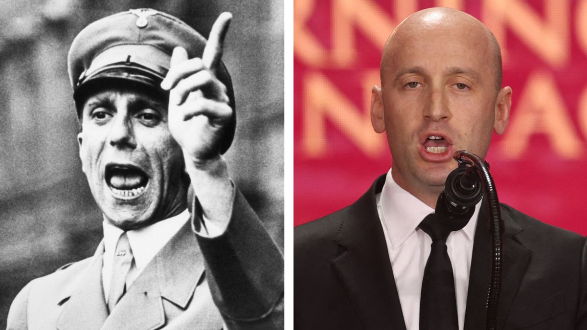 Two white men are photographed speaking. The one on the left is in black and white and wearing a uniform, while the one on the right is in color and wearing a black and white suit.