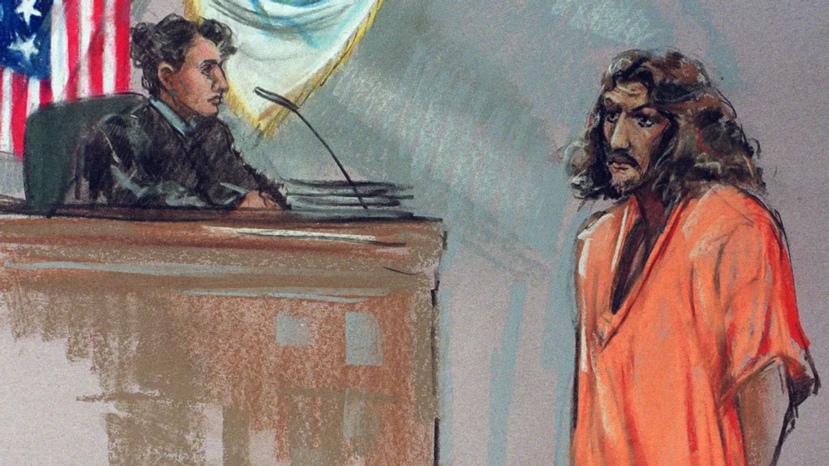 A caricature is shown of a judge talking to a person wearing an orange prison outfit.