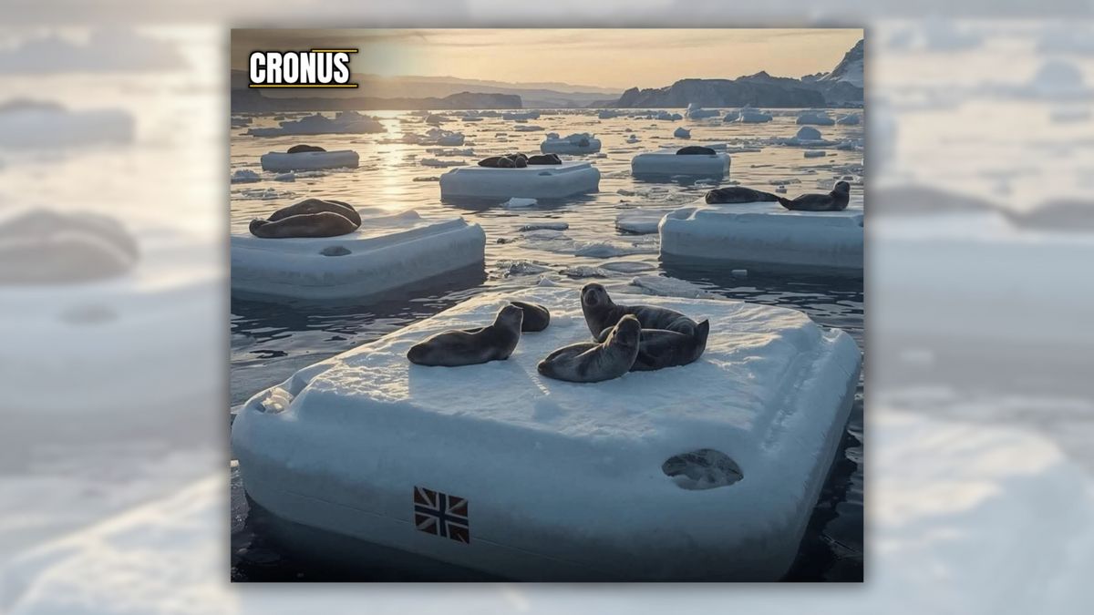 An artificially generated image of a group of seals laying on top of a rectangular artificial block of ice.