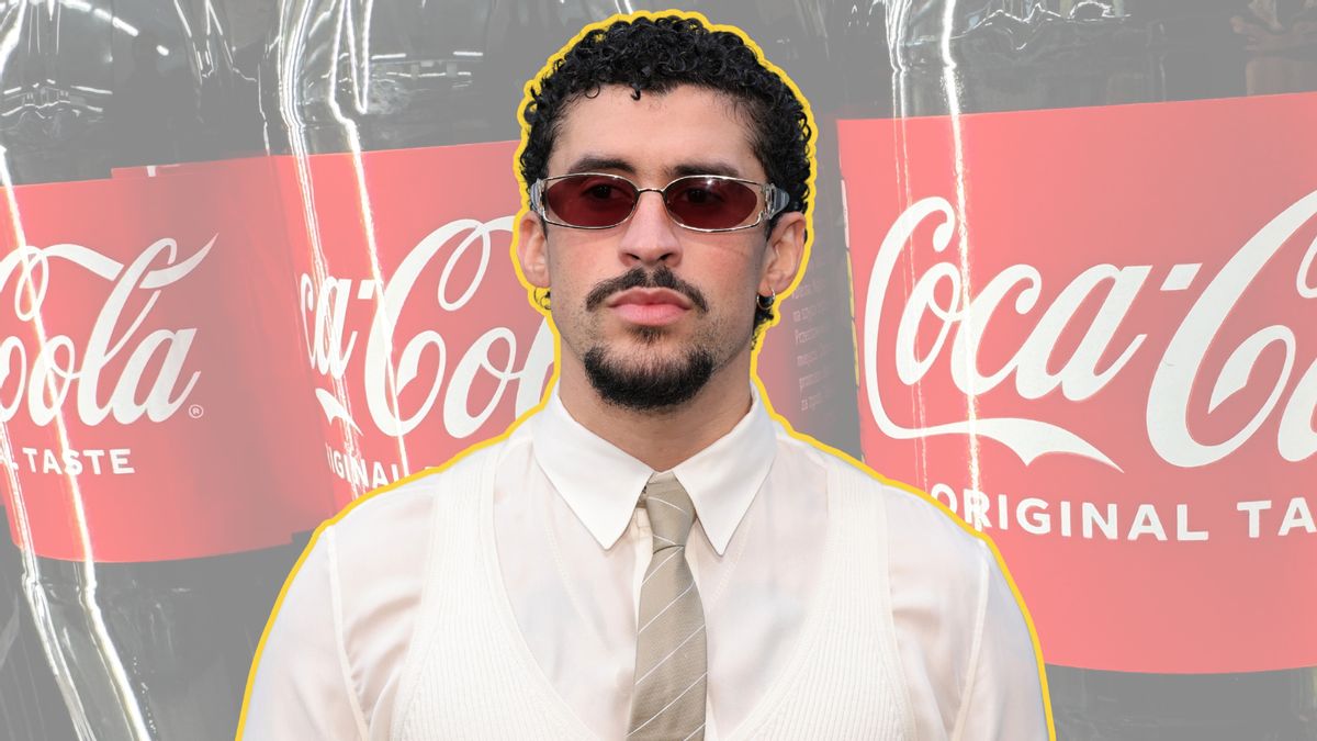A Latino is pictured in front of large Coca-Cola jugs of soda.