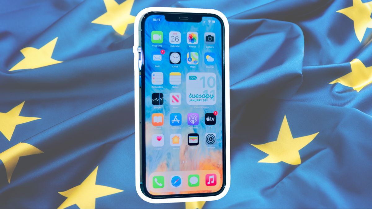 A phone is pictured on a blue flag with yellow stars. A thick white phone is around the phone.