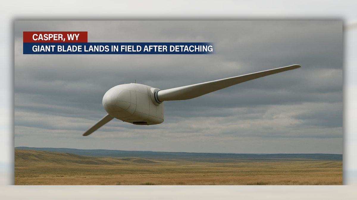 Screenshot of image from post. Shows what looks like wind turbine housing with a blade on either end of it floating over plains and a mountain landscape