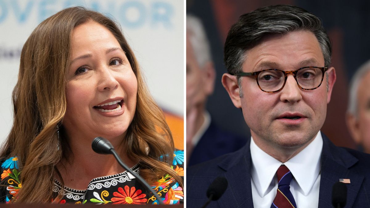 On the left: Rep.-elect Adelita Grijalva, a woman with long, wavy, brunette hair wearing a colorful blouse with flower embroidery. On the right: Speaker of the House Mike Johnson, a man with short salt-and-pepper hair and glasses in a dark suit.