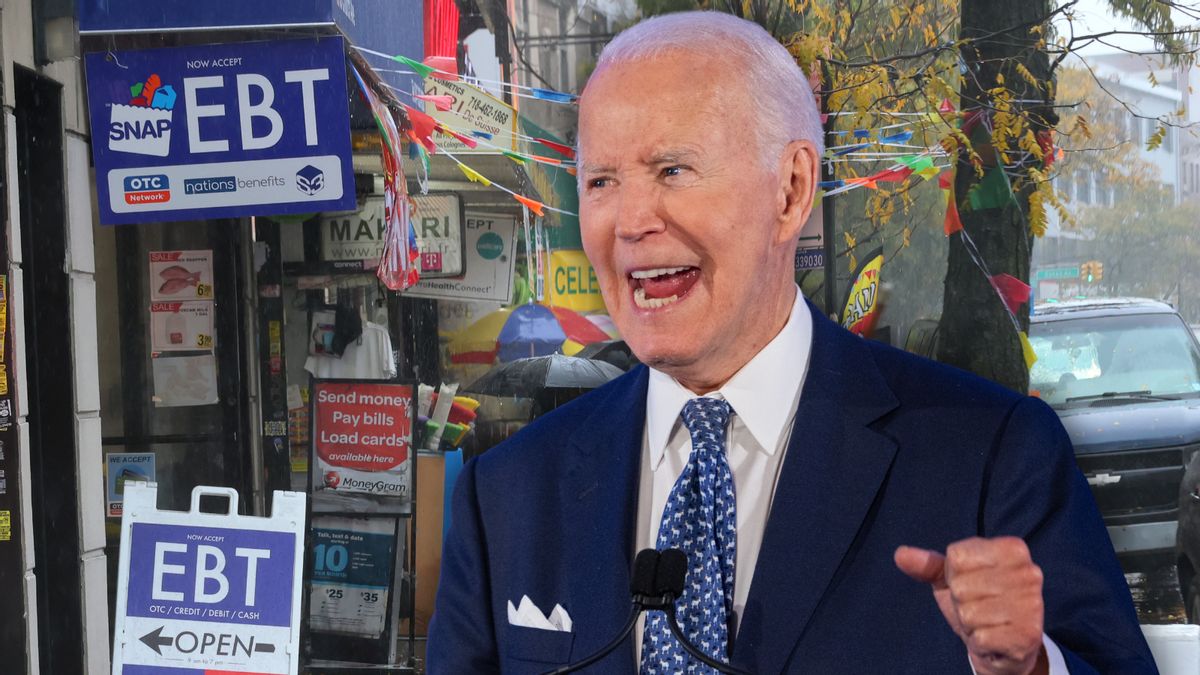In this photo collage, former President Joe Biden shakes a fist while speaking in the foreground. The background is a picture of a street with signs advertising that stores accept SNAP and EBT. 