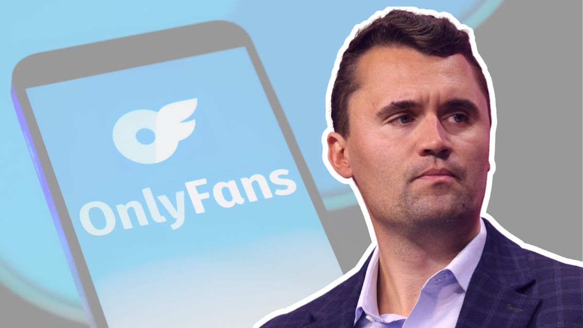 A white man is pictured next to the OnlyFans app on a phone.