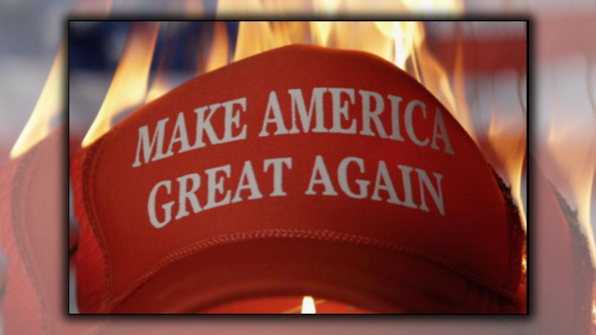 A red hat says "MAKE AMERICA GREAT AGAIN." Behind, flames are shown.