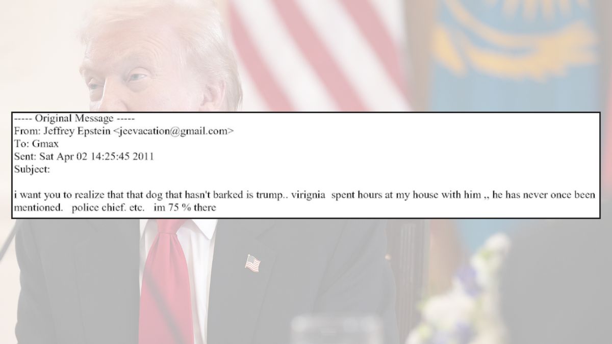 An email says, "i want you to realize that that dog that hasn't barked is trump.. virignia spent hours at my house with him ,, he has never once been mentioned. police chief. etc. im 15% there."