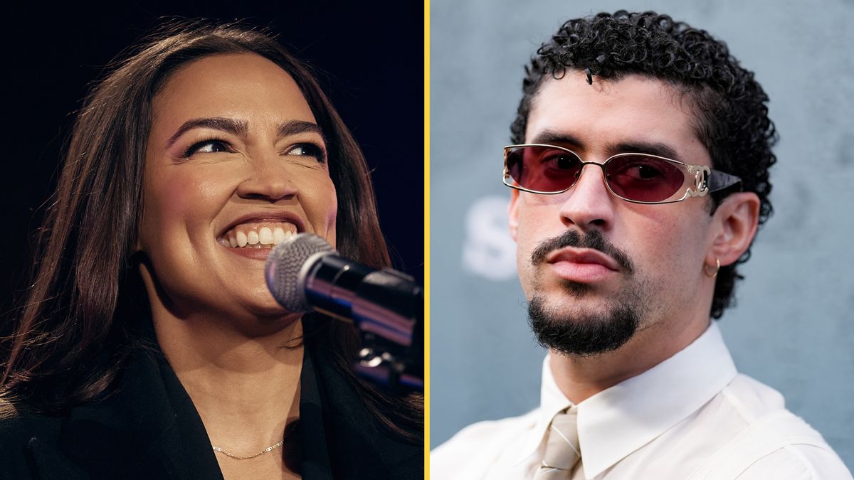 Side by side of U.S. Rep. Alexandria Ocasio-Cortez, a smiling younger Latina woman with long brown hair, and Bad Bunny, a younger Latino man with a goatee wearing sunglasses. 