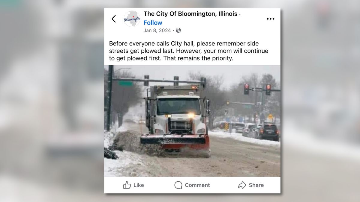 A post says, "Before everyone calls City hall, please remember side streets get plowed last. However, your mom will continue to get plowed first. That remains the priority." Attached is a photo of a truck driving through snowy streets.