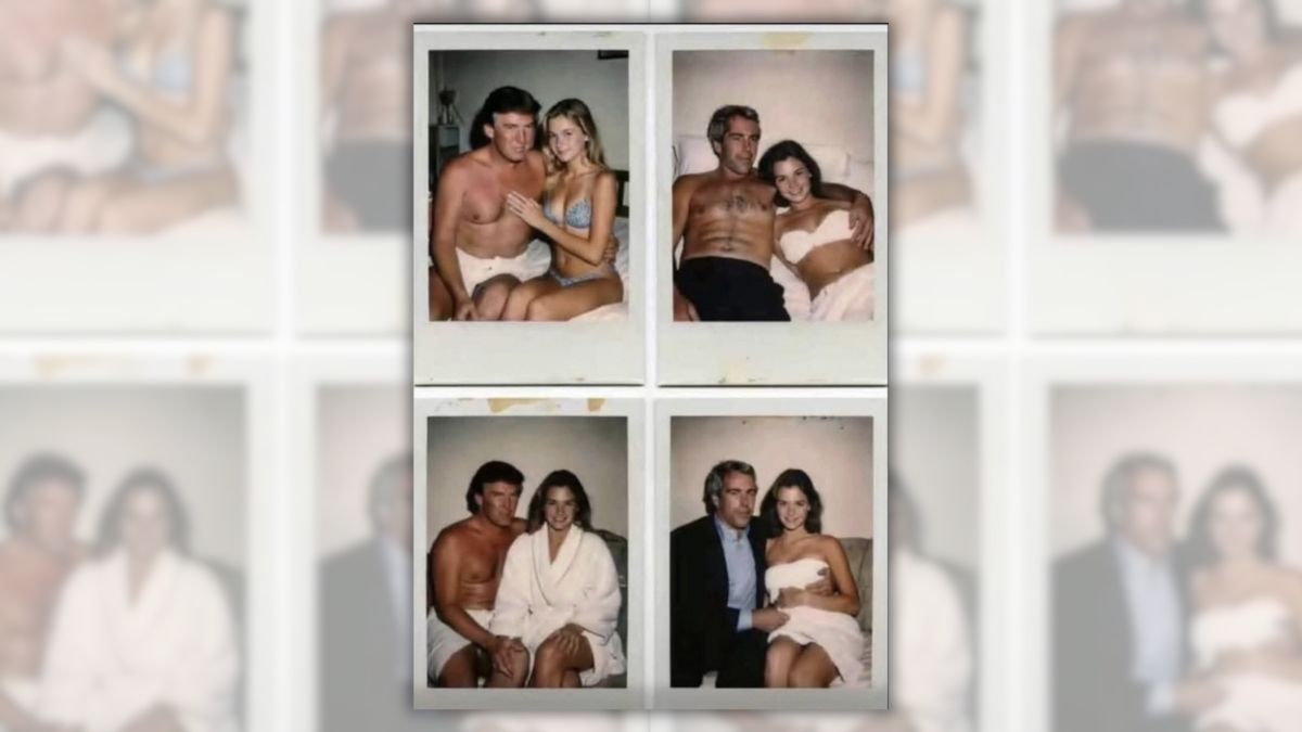A picture of four polaroids generated by artificial intelligence. Two polaroids show a younger U.S. President Donald Trump with a young woman and two polaroids show convicted sex offender Jeffrey Epstein with a young woman.