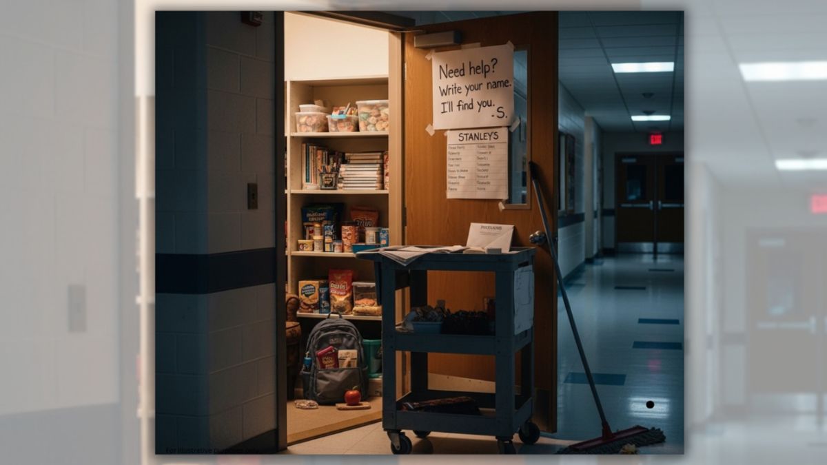 AI-generated image of a janitor's closet stocked with food and notebooks. 