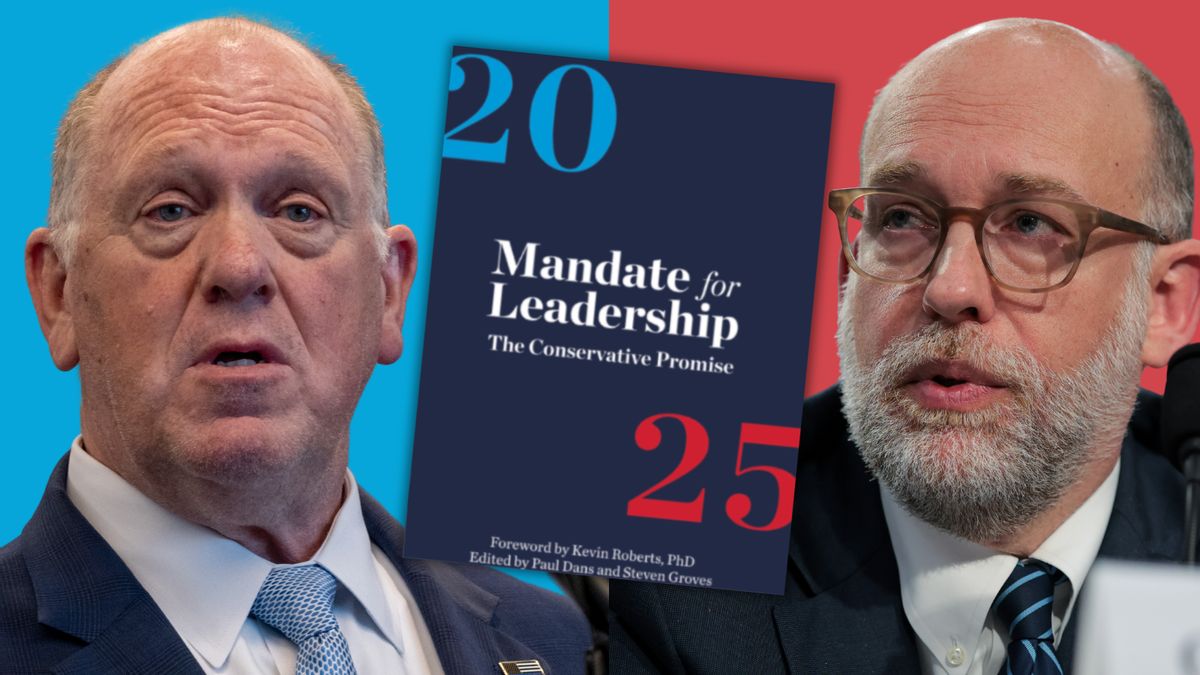 Two white men are picked on either side. A project cover is shown in-between them that says "Mandate for Leadership THE CONSERVATIVE PROMISE."