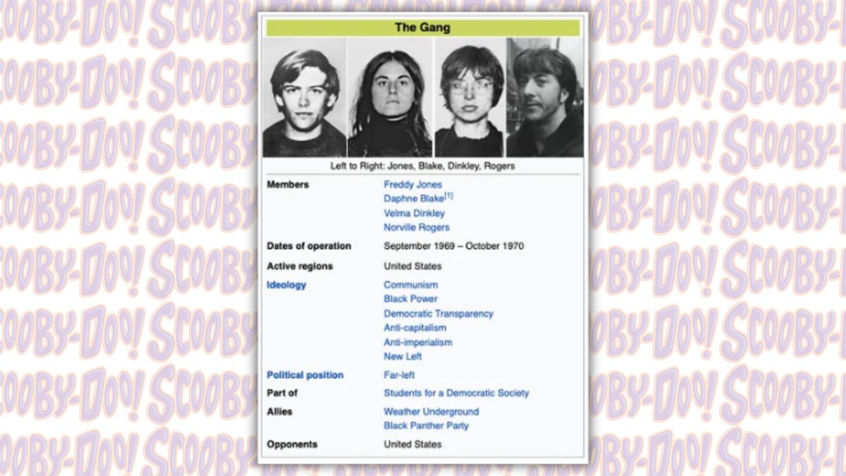 A fake Wikipedia page showing four young white people supposedly part of a leftist group called "The Gang" from the 1960s with the same names as the four main human characters from Scooby-Doo.
