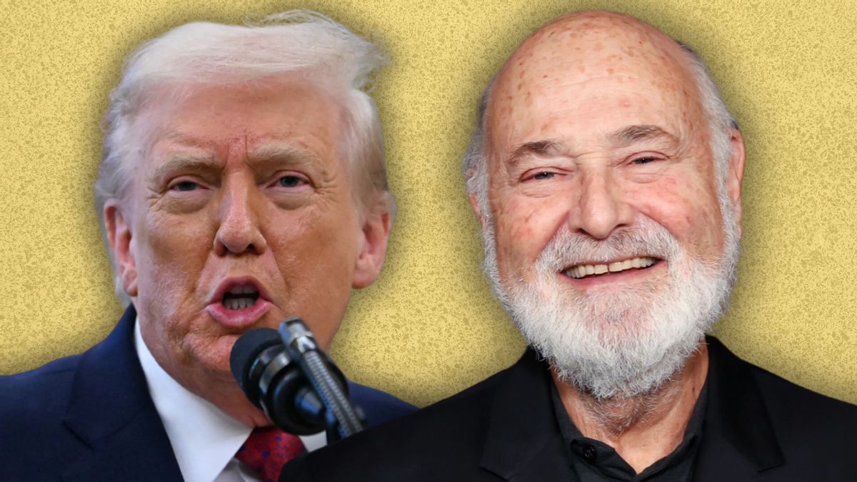 Photo illustration with cut out images of U.S. President Donald Trump on the left and film director Rob Reiner, a white, balding man with a full white mustache and beard, on the right. 