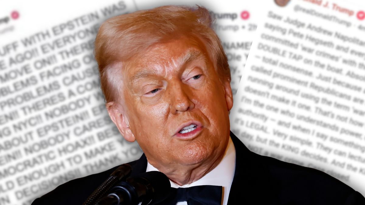 A photo collage showing U.S. President Donald Trump from shoulders up in front of three blurred out pictures of fake Truth Social posts. 