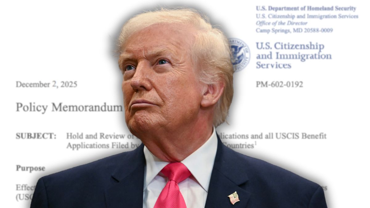 In this photo illustration, a headshot of U.S. President Donald Trump is pasted on top of a U.S. Citizenship and Immigration Services memorandum. 