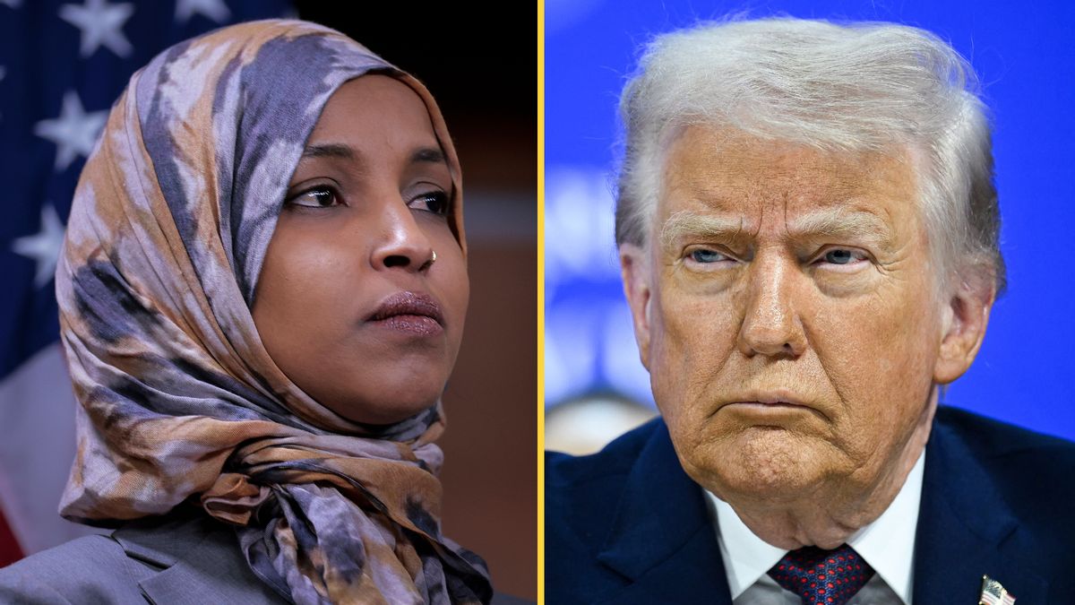 On the left: U.S. Minnesota Democratic Rep. Ilhan Omar, a Somali woman in a muted yellow and purple hijab. On the right: U.S. President Donald Trump, a white man in a suit.
