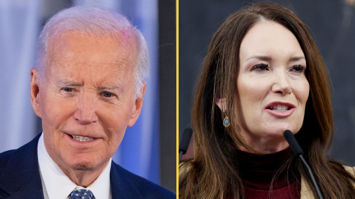 On the left: Former U.S. President Joe Biden, a balding white man. On the right: USDA Secretary Brooke Rollins, a white woman with long brown hair.