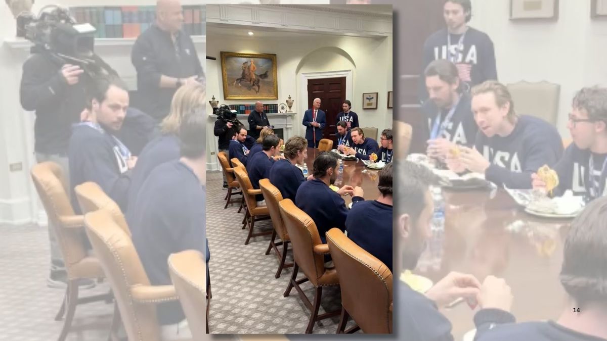 Image shows a screenshot of an X post showing U.S. Olympic men's ice hockey team eating a meal in the White House. 