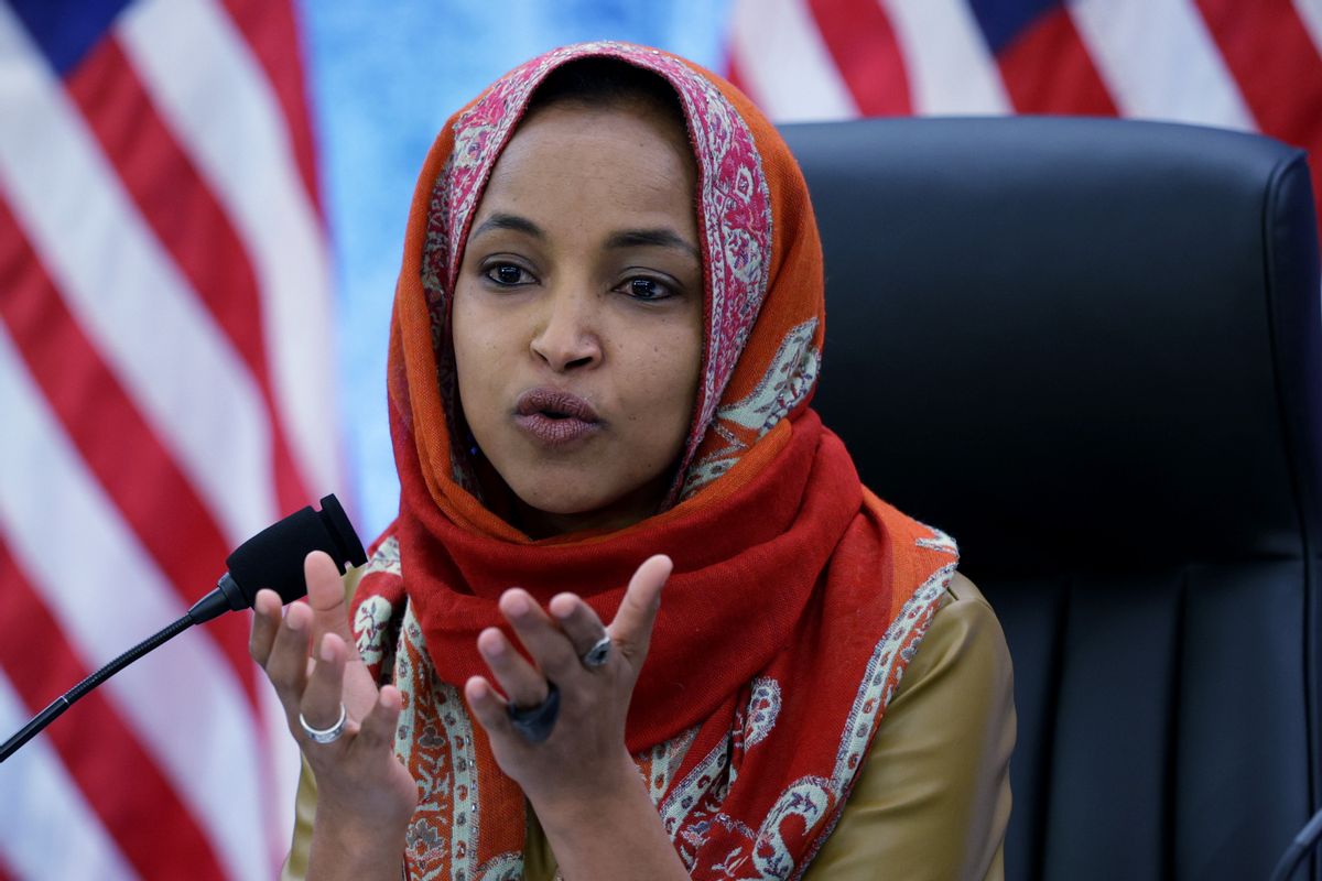 Images shows U.S. Rep. Ilhan Omar speaking during a hearing before the House Democratic Steering and Policy Committee .