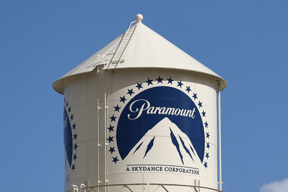 Image shows the Paramount Pictures logo displayed on the water tower in Los Angeles, California.