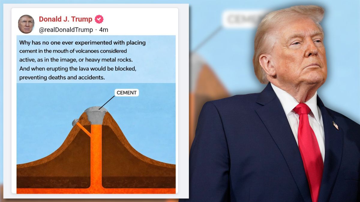 A fake Truth Social post from Donald Trump suggesting volcanoes be plugged with concrete is on the left. An image of Trump is on the right.