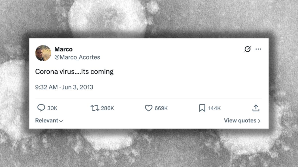 This image shows an X post from 2013 reading "Corona virus....its coming" with an early microscopic scan of coronaviruses.