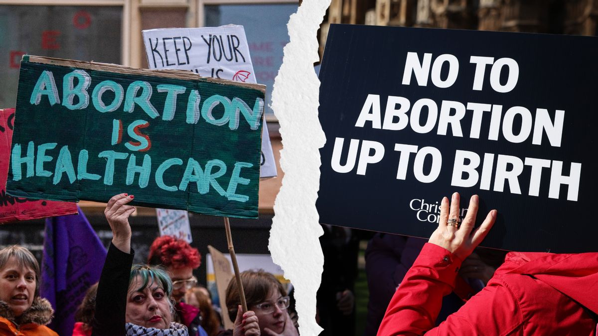A side-by-side of two images, one from an anti-abortion protest and another from a pro-abortion rights protest. 