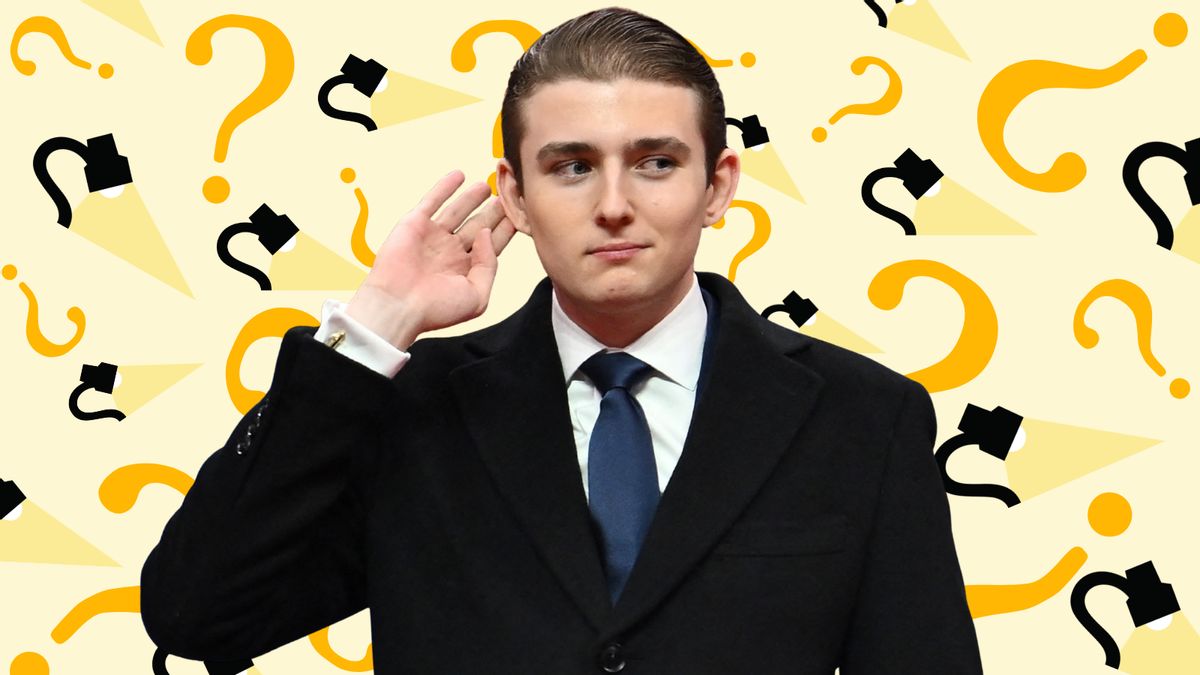 In this collage, a photo of Barron Trump, a young white man in a suit with slicked back hair holding a hand to his ear, is placed in front of a repeating pattern of question marks and the Snopes lamp logo.