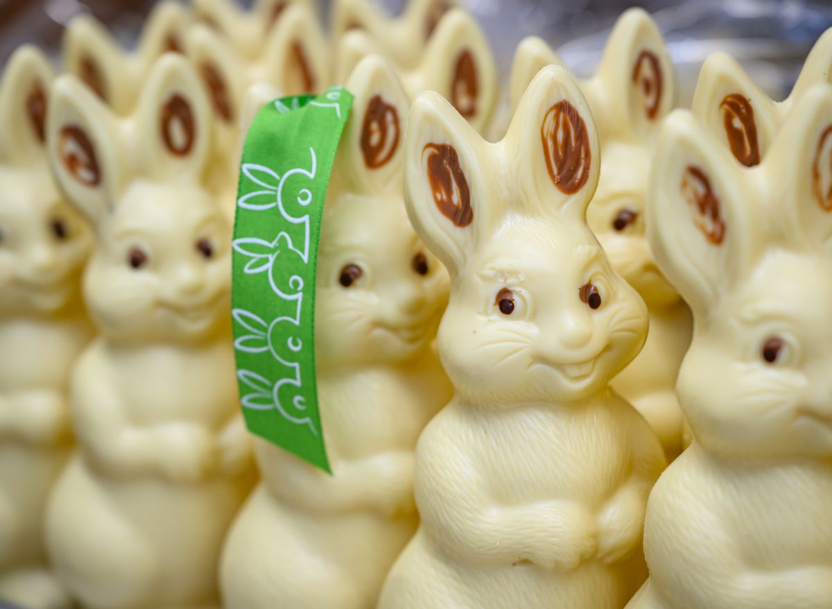Image shows row of chocolate Easter Bunnies.