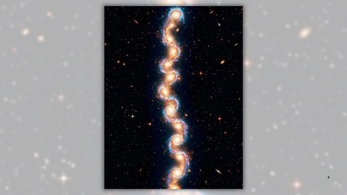 Fake image of Cosmic Vine. It shows a chain of galaxies connected to each other without space between them running from top to bottom of image. The positioning of the galaxies gives the chain a helix-like shape.