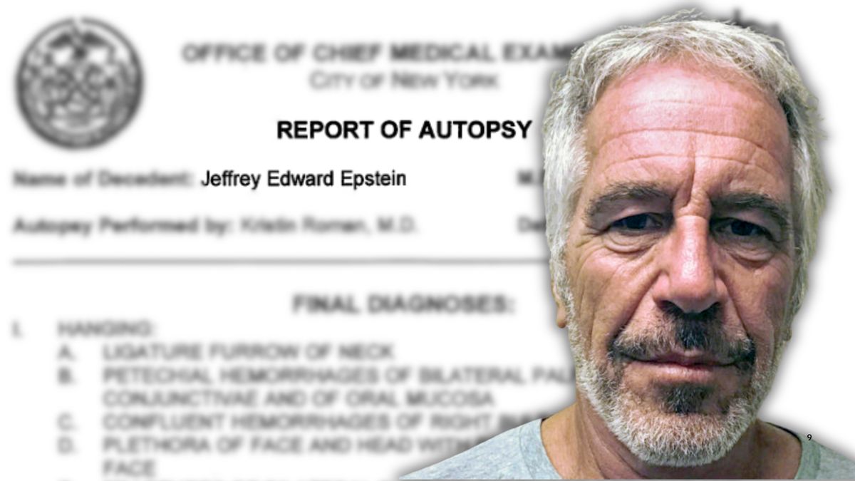 In this photo illustration, the mugshot of Jeffrey Epstein, an older white man, is placed on top of his autopsy report. 