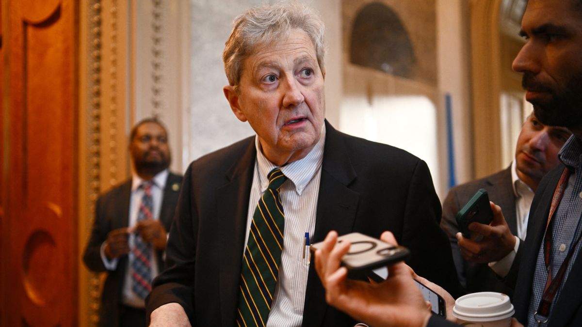 US Sen. John Kennedy, Republican of Louisiana, speaks to reporters outside the Senate Chamber in 2024.