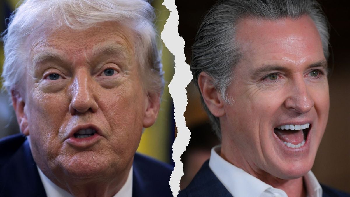 Image shows a side-by-side of California Gov. Gavin Newsom and U.S. President Donald Trump.