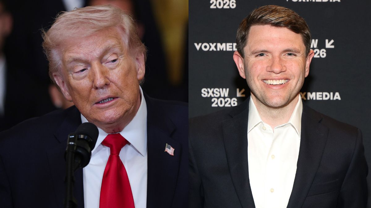 Side-by-side of President Trump, a white man, wearing a suit and speaking into a microphone, and U.S. Senate candidate James Talarico smiling and wearing a suit.