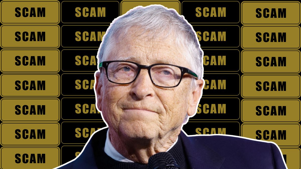 Illustration of Bill Gates in front of a background filled with "SCAM" labels.