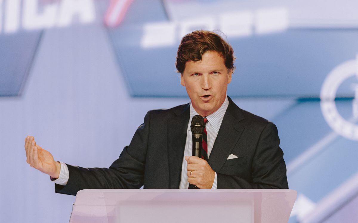 Conservative political commentator and podcast host Tucker Carlson speaks at Turning Point's annual AmericaFest conference in 2025.