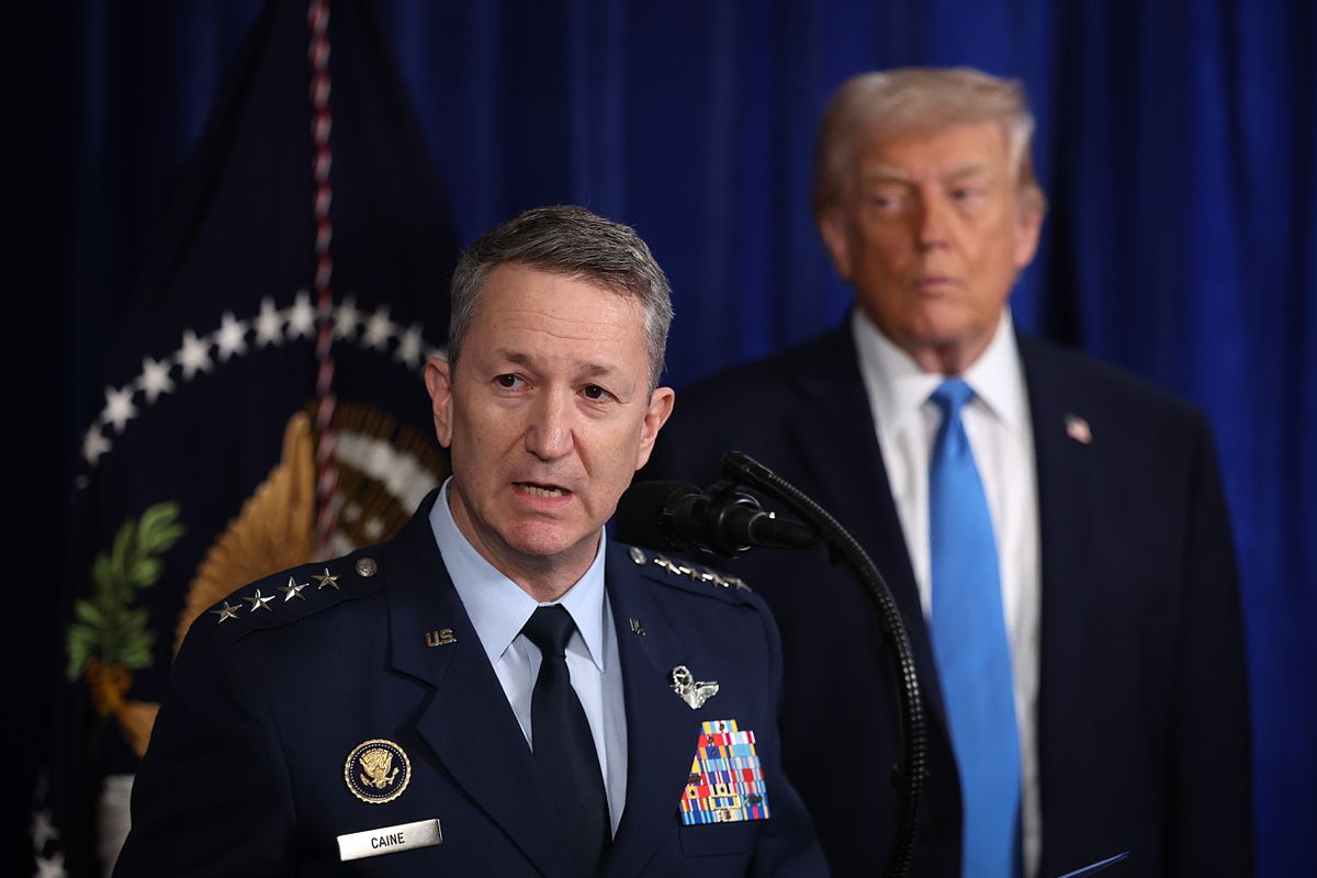 Image shows Chairman of the Joint Chiefs of Staff Dan Caine speaking during a press conference with U.S. President Donald Trump.