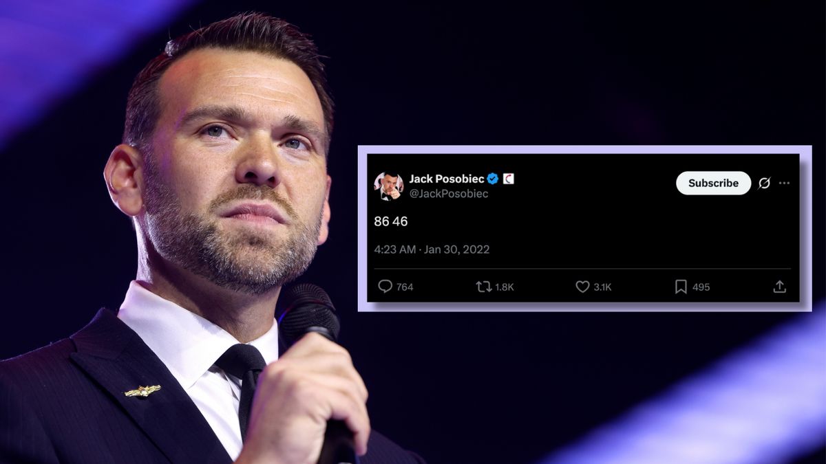 A composite image shows Jack Posobiec, a white male conservative influencer, and a post from his X account reading "8646."