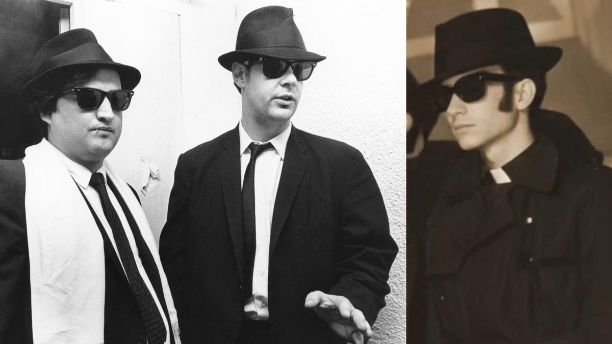 A side-by-side photo shows John Belushi and Dan Aykroyd in "The Blues Brothers" posing in fedoras and black sunglasses (left) and an alleged photo of young Pope Leo XIV donning a similar getup.