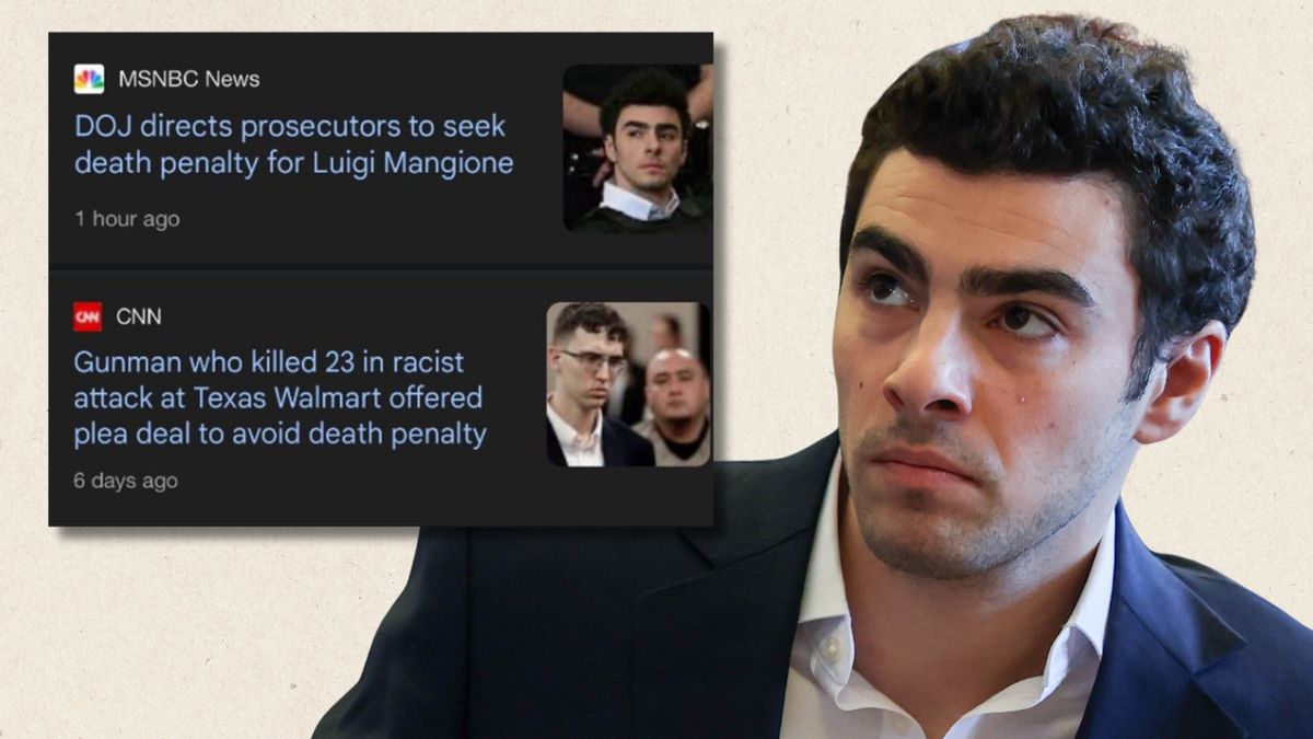 Image collage showing side-by-side headlines, one which says "DOJ directs prosecutors to seek death penalty for Luigi Mangione" and another that says "Gunman who killed 23 in a racist attack at Texas Walmart offered plea deal to avoid death penalty," alongside a picture of Mangione, a young white man with curly brown hair.