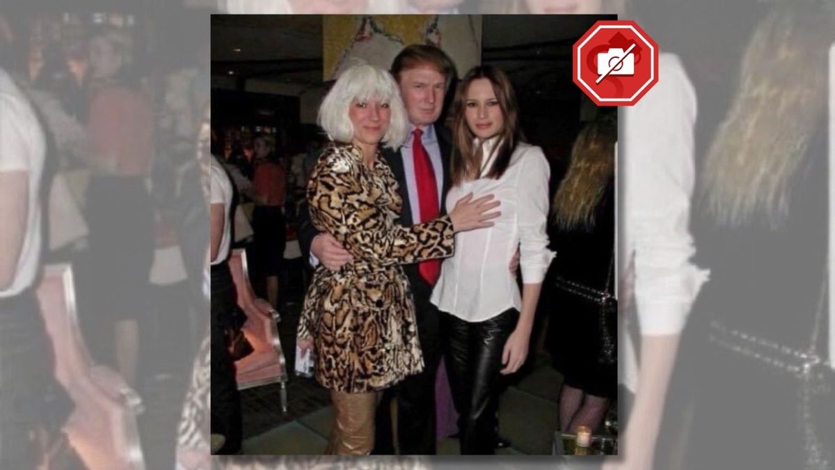 A digitally manipulated image appears to show Ghislaine Maxwell, Donald Trump and Melania Trump at a party in 2000.