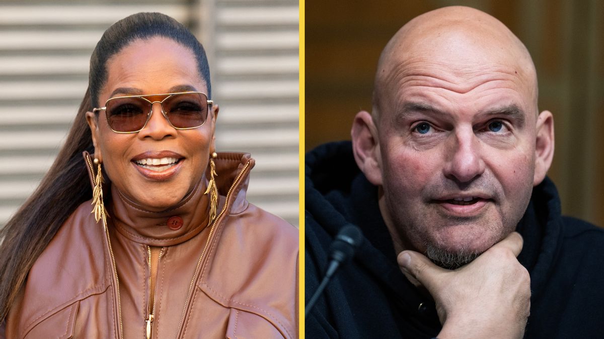 On the left, an image of Oprah Winfrey, a black woman wearing sunglasses, gold tasseled earrings and a brown leather coat. On the right, an image of Senator John Fetterman, a bald, white man wearing a black hoodie.